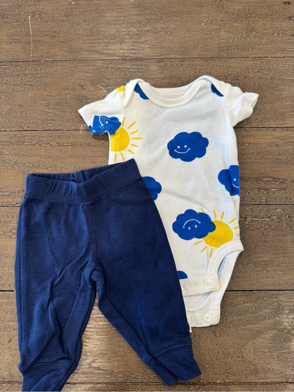 White Baby Bodysuit & Navy Pants Set with Blue Cloud and Yellow Sun